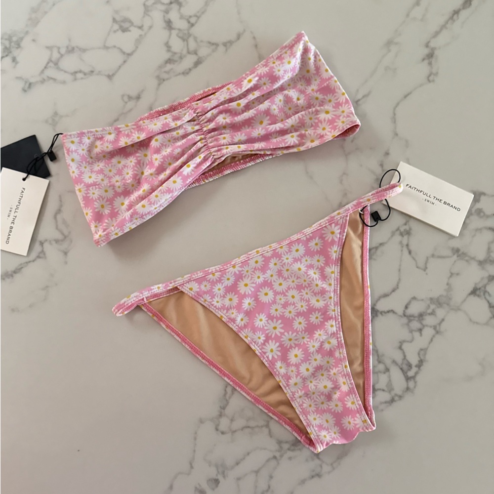 Faithfull the Brand Steffy Ruched Bandeau Bikini SET - Floral Pastel Pink - US 4